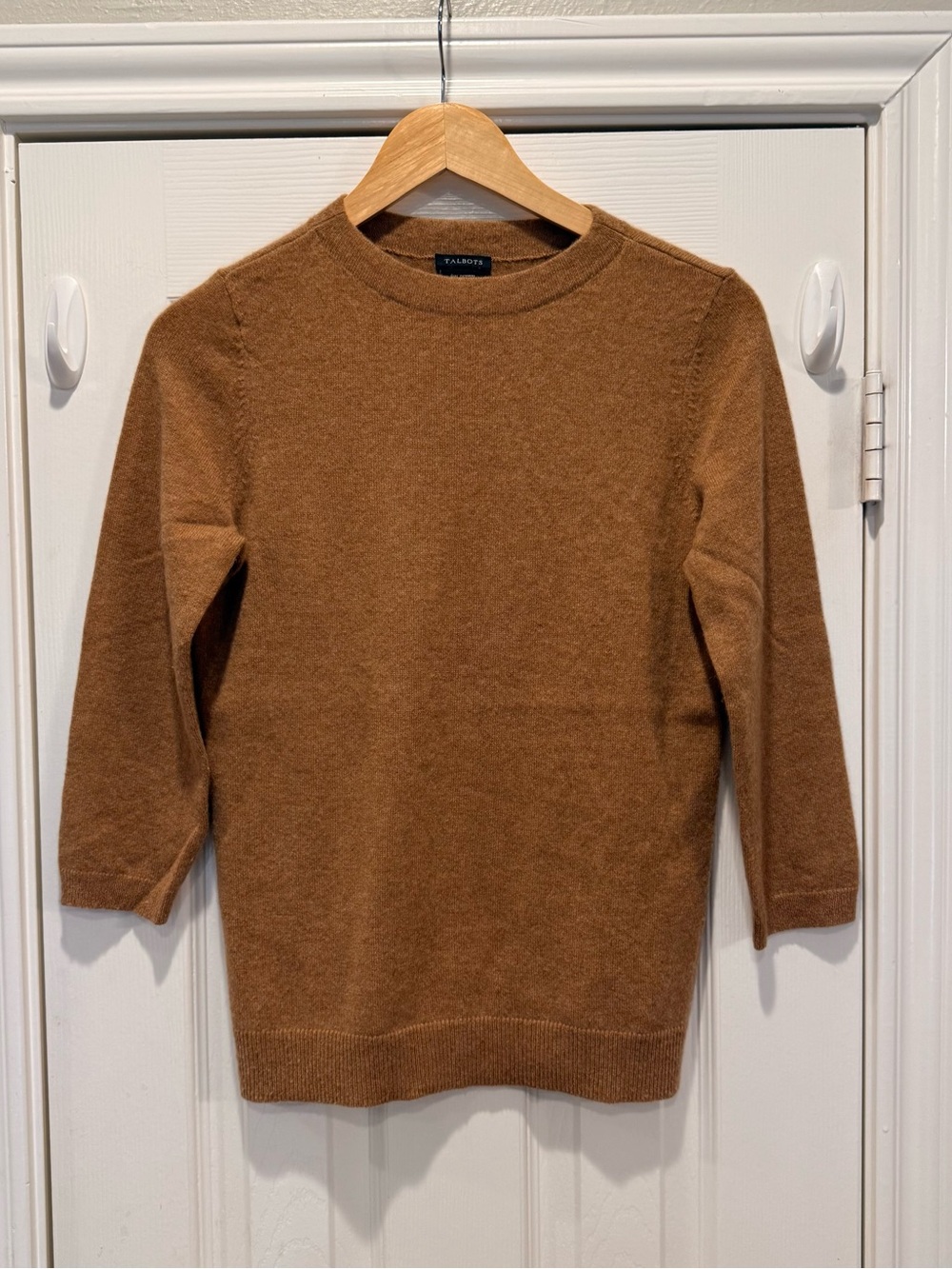 Talbots Pure Cashmere Sweater Tan Camel 3/4 Sleeves Quiet Luxury Capsule Sz S